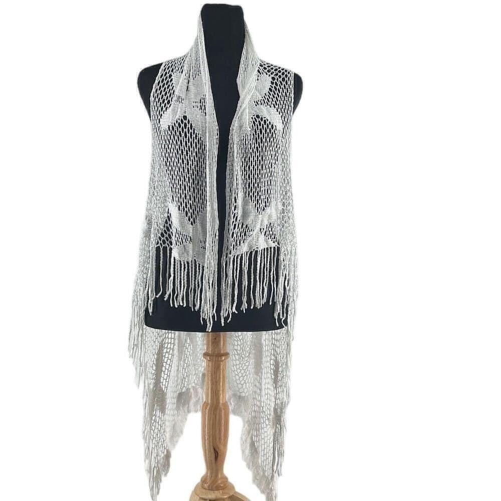 Joseph Ribkoff boho vest open knit cover up floral swim summer cover up one size